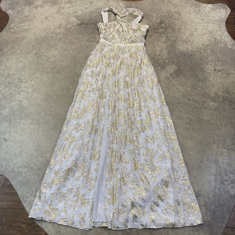 Rachel Zoe Dress Womens‎ 0 Bella Ecru Metallic Fil Coupe Twist Halter Gown